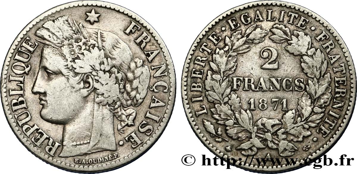 2 francs Cérès, avec légende 1871 Paris F.265/4 MB 