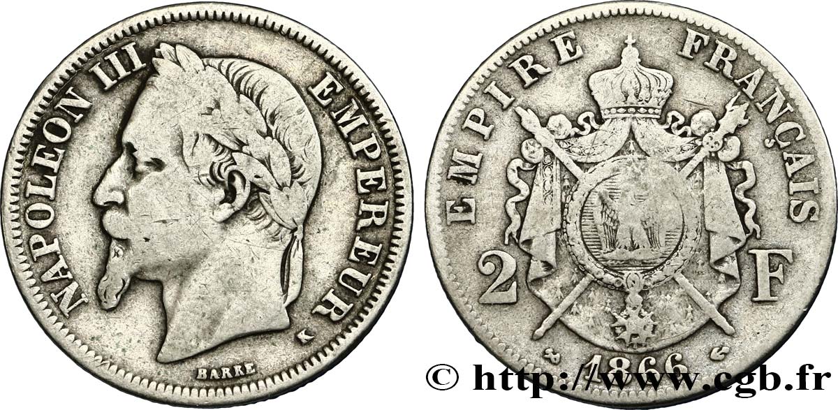 2 francs Napoléon III, tête laurée 1866 Bordeaux F.263/4 S 