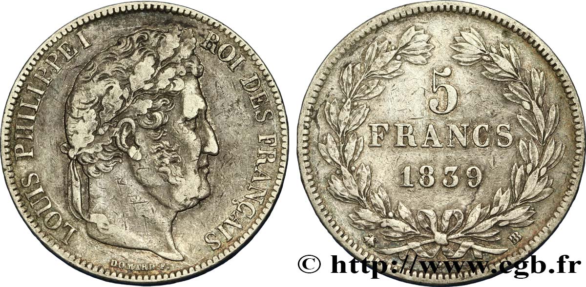 5 francs IIe type Domard 1839 Strasbourg F.324/77 VF 