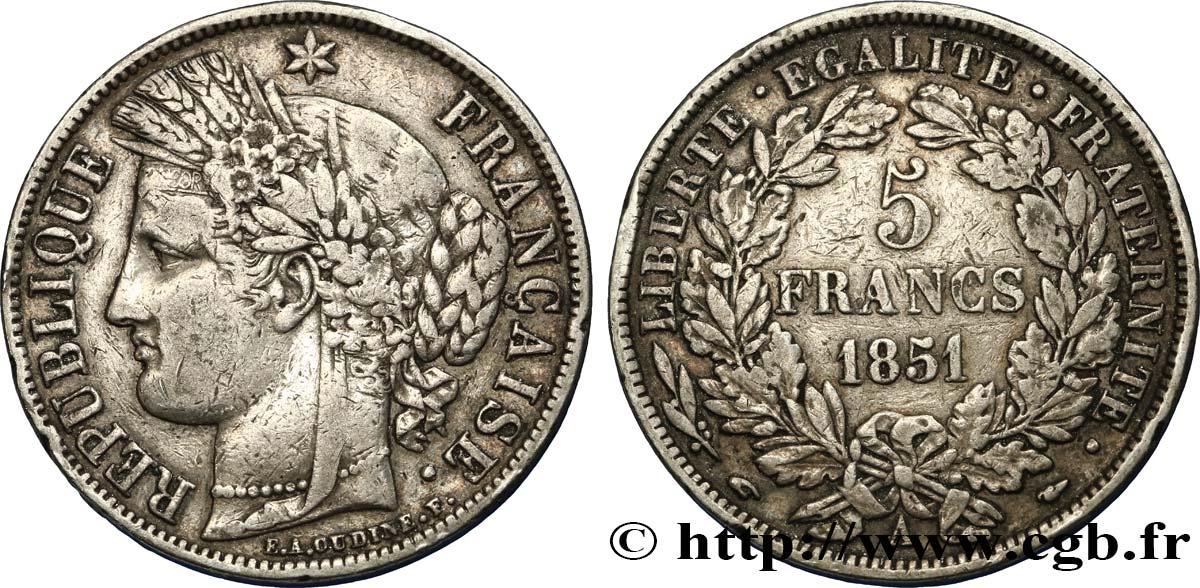 5 francs Cérès, IIe République 1851 Paris F.327/7 BC+ 