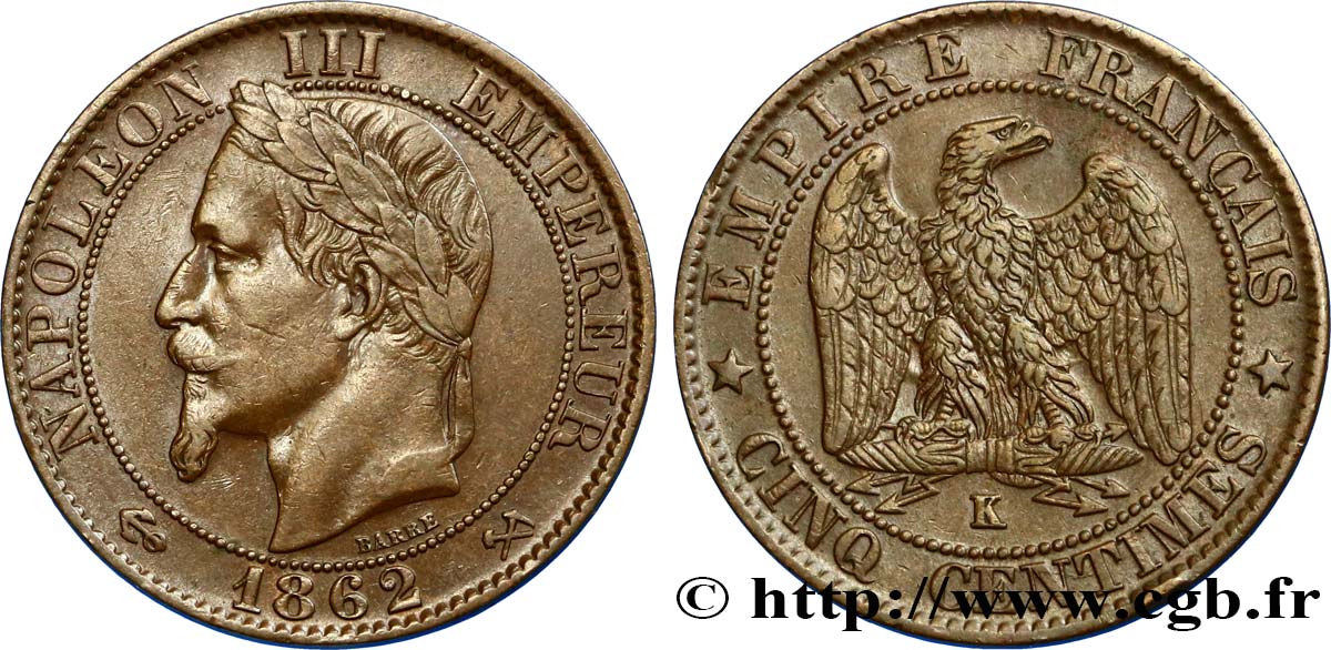 Cinq centimes Napoléon III, tête laurée 1862 Bordeaux F.117/9 BB45 