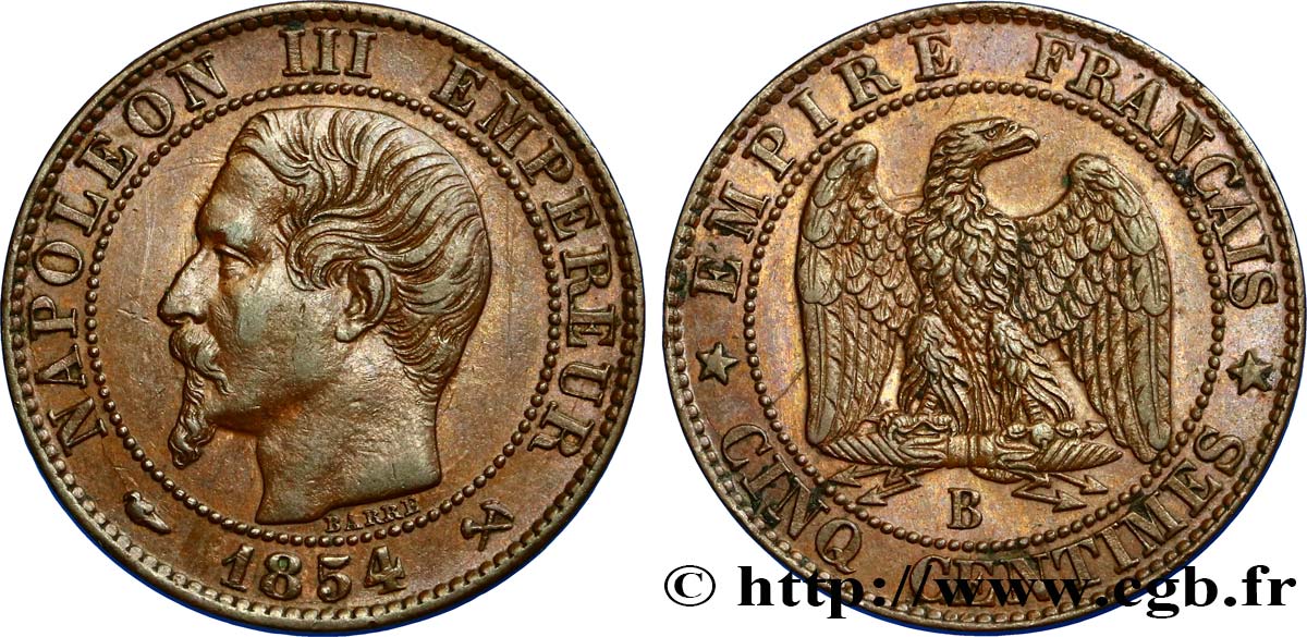 Cinq centimes Napoléon III, tête nue 1854 Rouen F.116/9 XF48 