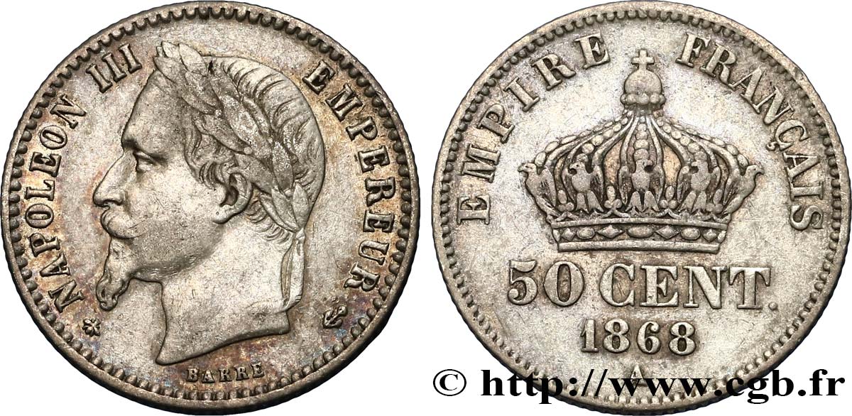 50 centimes Napoléon III, tête laurée 1868 Paris F.188/20 TTB40 