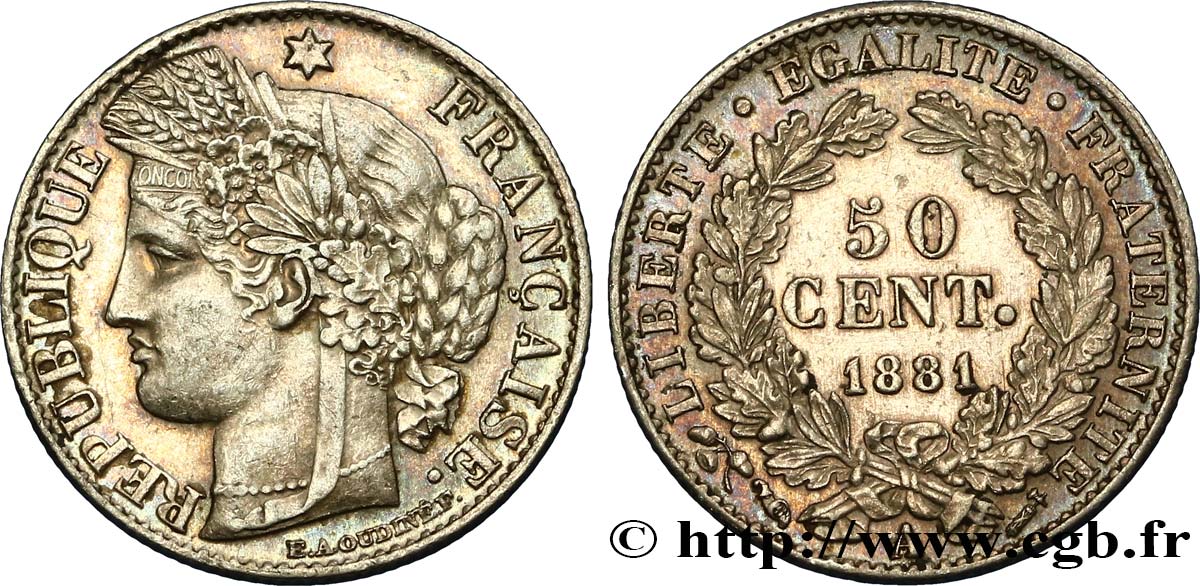 50 centimes Cérès, IIIe République 1881 Paris F.189/9 AU58 