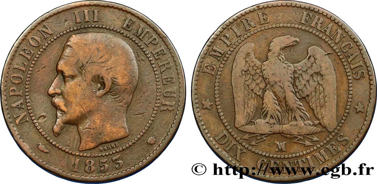 Dix centimes Napoléon III, tête nue 1853 Marseille F.133/8 MB20 