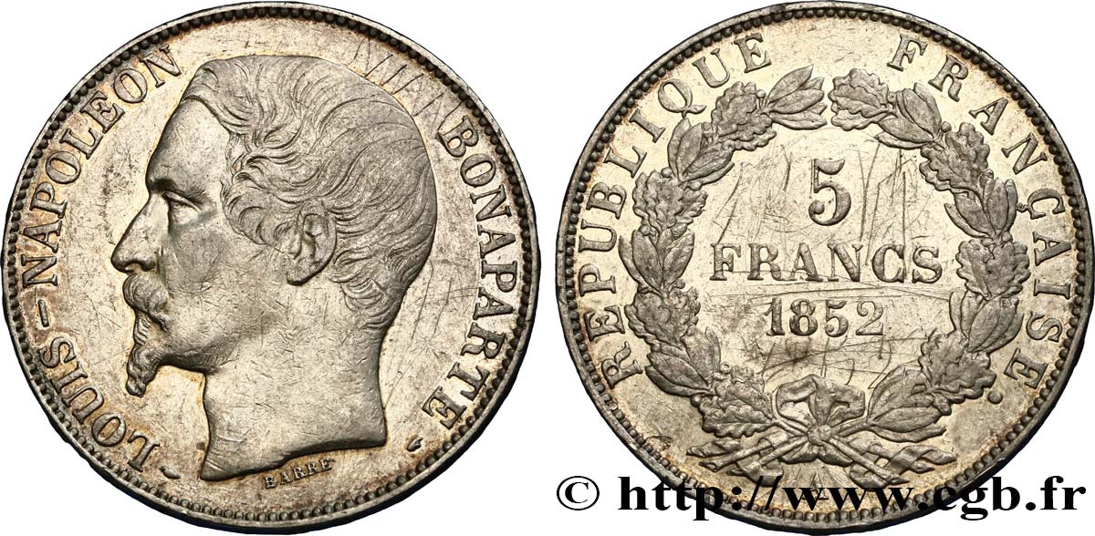 5 francs Louis-Napoléon, 2ème type 1852 Paris F.329/2 TTB+ 