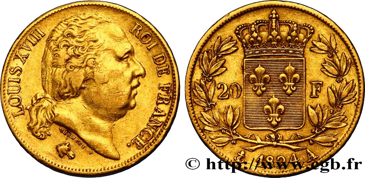 20 francs or Louis XVIII, tête nue 1824 Paris F.519/31 XF45 