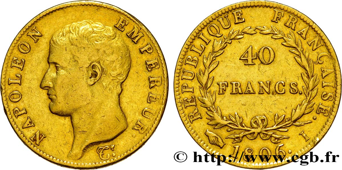 40 francs or Napoléon tête nue, Calendrier grégorien 1806 Limoges F.538/2 MBC42 