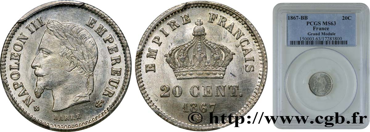 20 centimes Napoléon III, tête laurée, grand module 1867 Strasbourg F.150/2 MS63 PCGS