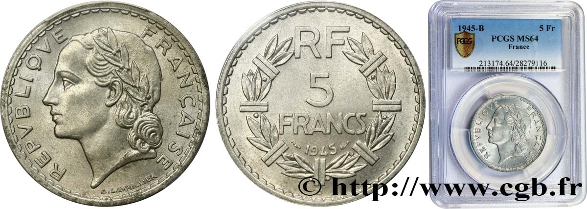 5 francs Lavrillier, aluminium 1945 Beaumont-Le-Roger F.339/4 MS64 PCGS