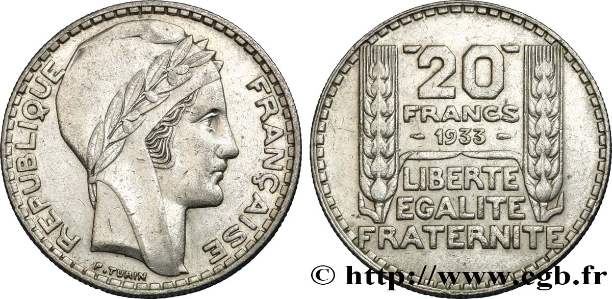 20 francs Turin, rameaux courts 1933  F.400/4 VF25 