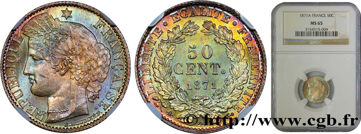 50 centimes Cérès, IIIe République 1871 Paris F.189/1 MS65 NGC