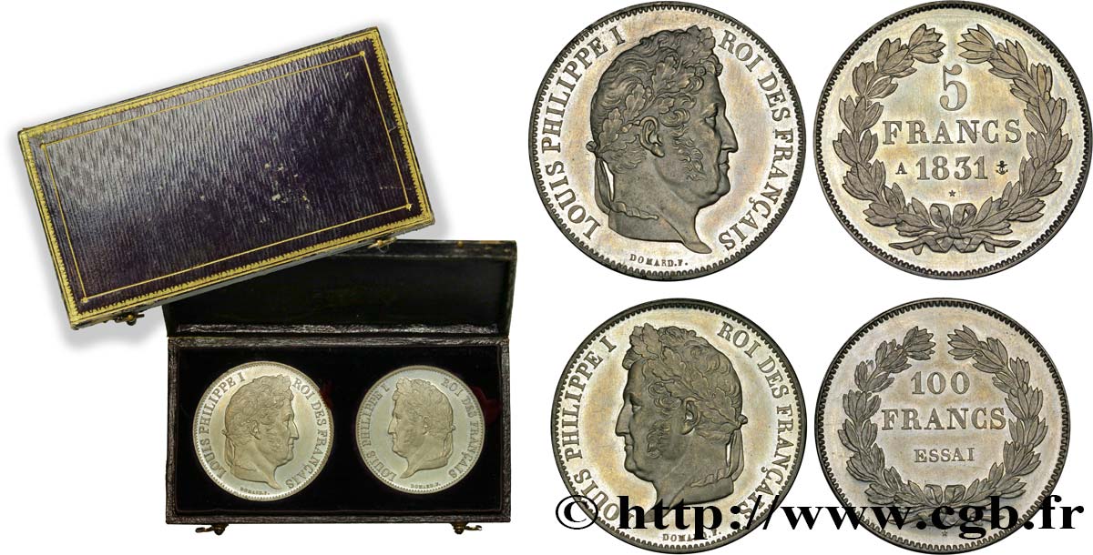 Boîte de deux essais de 5 francs et 100 francs en étain 1831 Paris G.660  MS64 