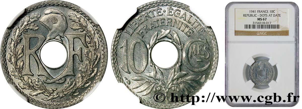 10 centimes Lindauer en zinc, Cmes souligné et millésime avec points 1941  F.140/2 FDC67 NGC