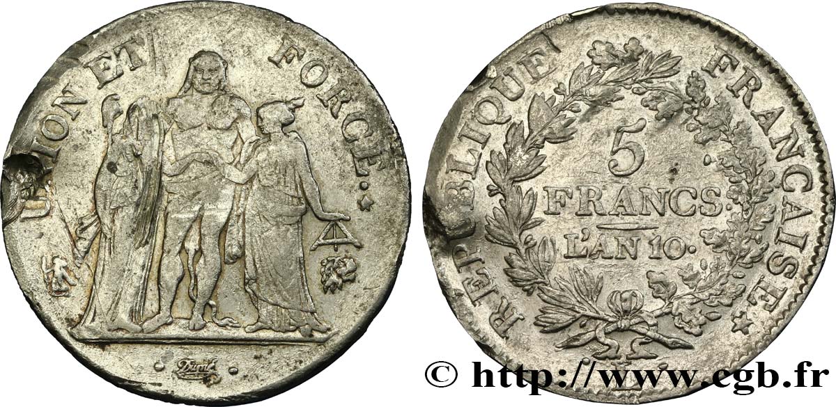 5 francs Union et Force, Union serré, avec glands intérieurs et gland extérieur 1802 Bayonne F.288/180 S 