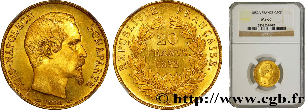 20 francs or Louis-Napoléon 1852 Paris F.530/1 MS66 NGC