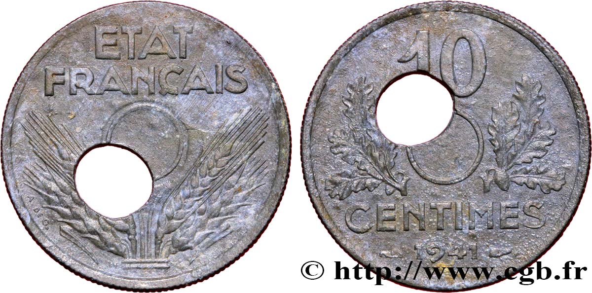 10 centimes État français, grand module, perforation décentrée 1941  F.141/2 var. SS40 