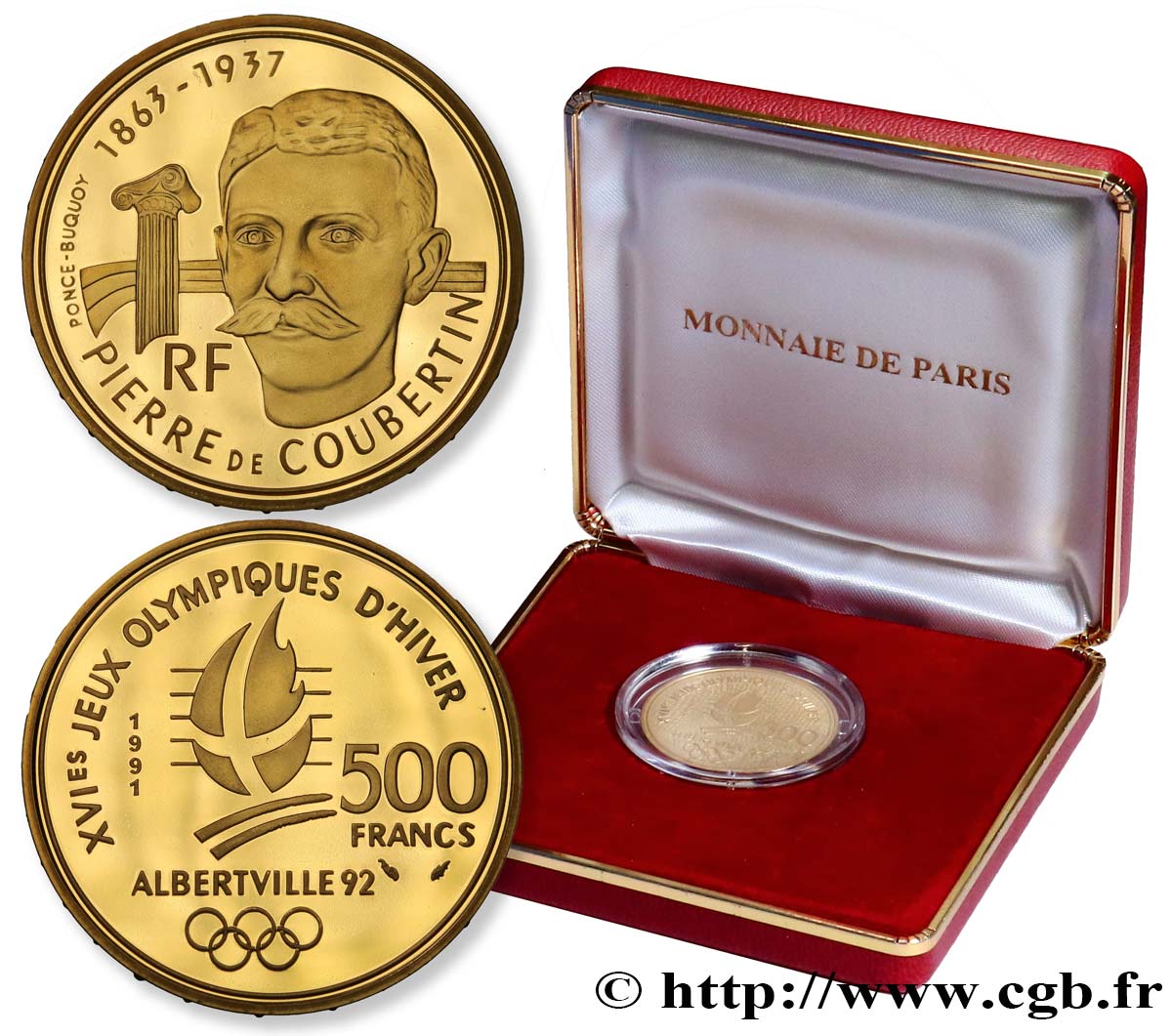 Belle Épreuve Or 500 francs - Pierre de Coubertin  1991 Pessac F5.1809 1 FDC68 
