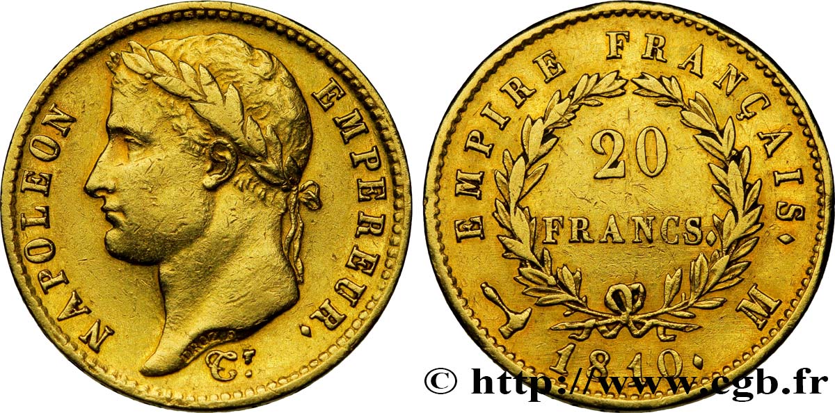 20 francs or Napoléon tête laurée, Empire français 1810 Toulouse F.516/12 XF45 