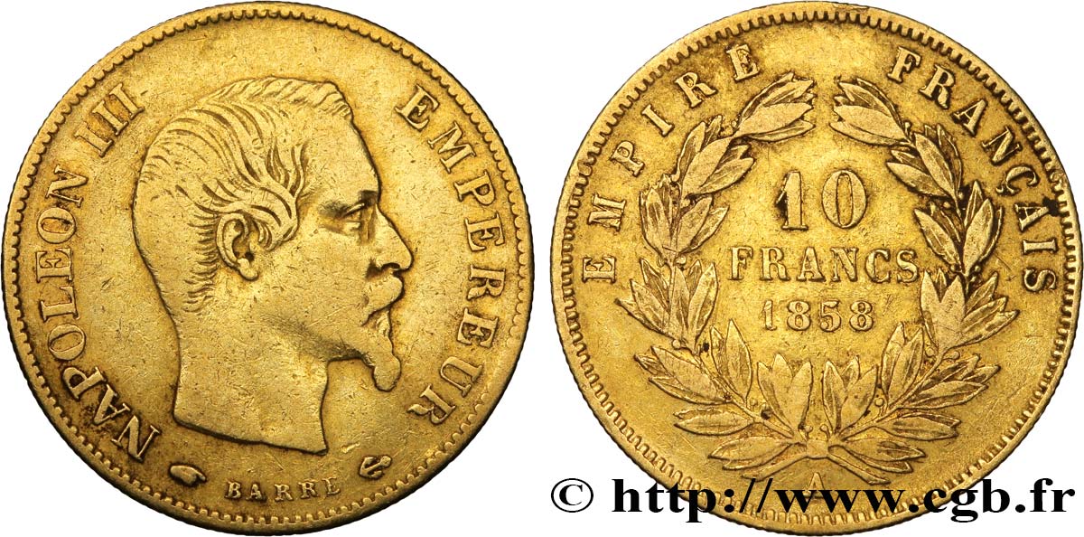 10 francs or Napoléon III, tête nue, grand module 1858 Paris F.506/5 VF25 