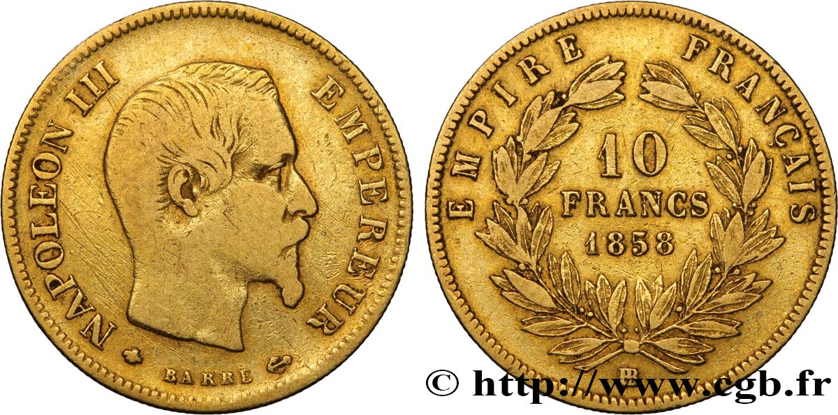 10 francs or Napoléon III, tête nue 1858 Strasbourg F.506/6 VF20 