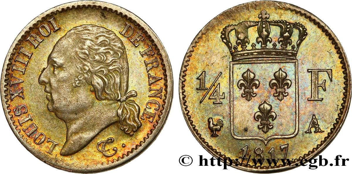 1/4 franc Louis XVIII  1817 Paris F.163/1 AU50 