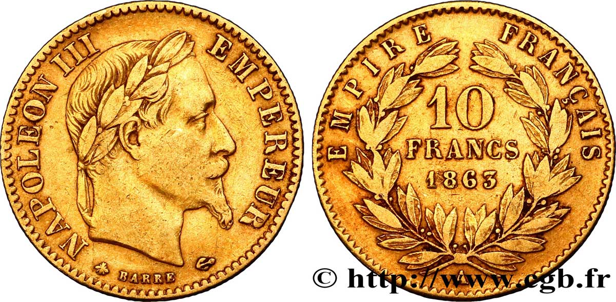 10 francs or Napoléon III, tête laurée 1863 Paris F.507A/3 SS45
