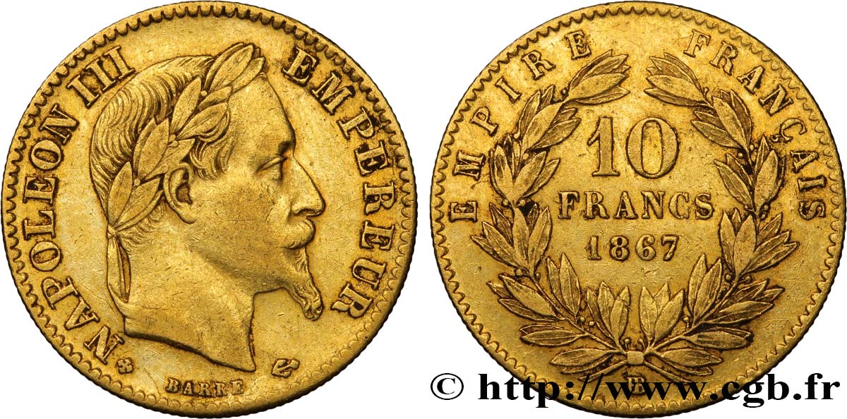 10 francs or Napoléon III, tête laurée, type définitif à grand 10 1867 Strasbourg F.507A/16 XF45 