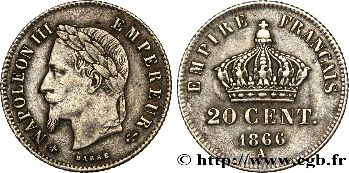 20 centimes Napoléon III, tête laurée, petit module 1866 Paris F.149/4 TTB45 