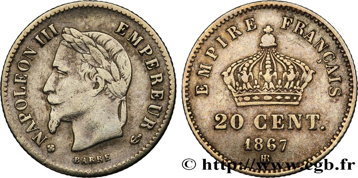 20 centimes Napoléon III, tête laurée, grand module 1867 Strasbourg F.150/2 XF42 