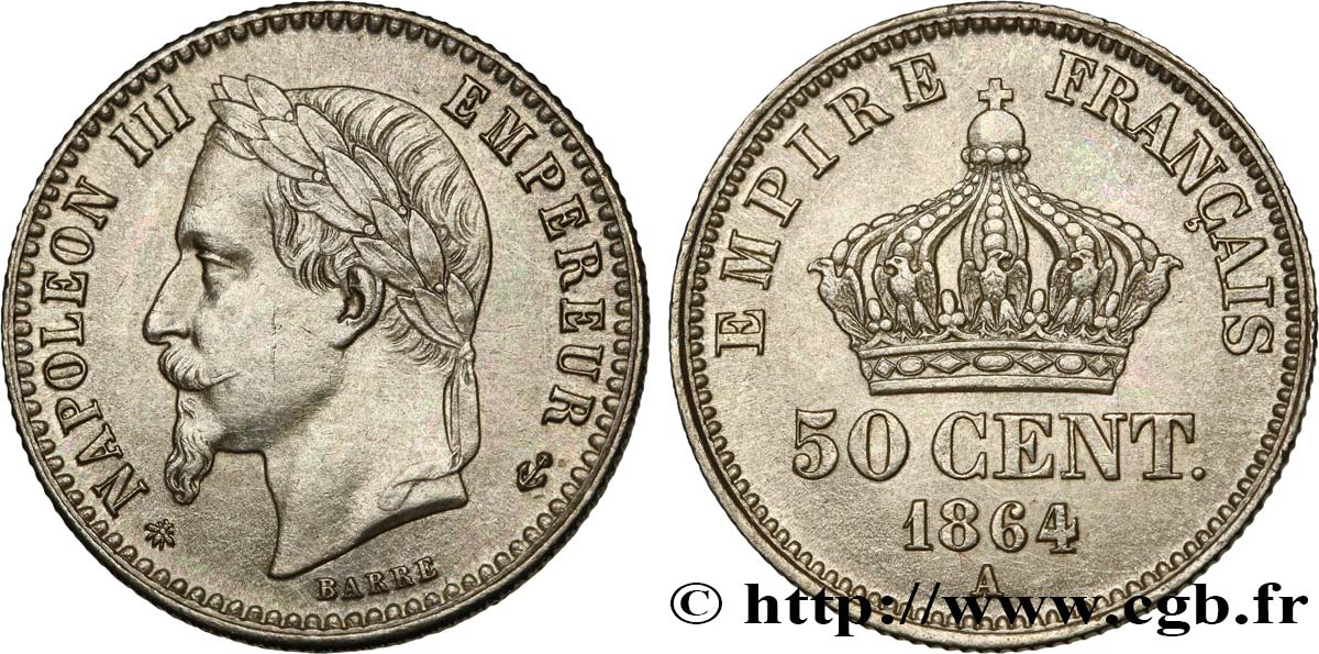 50 centimes Napoléon III, tête laurée 1864 Paris F.188/2 SPL55 