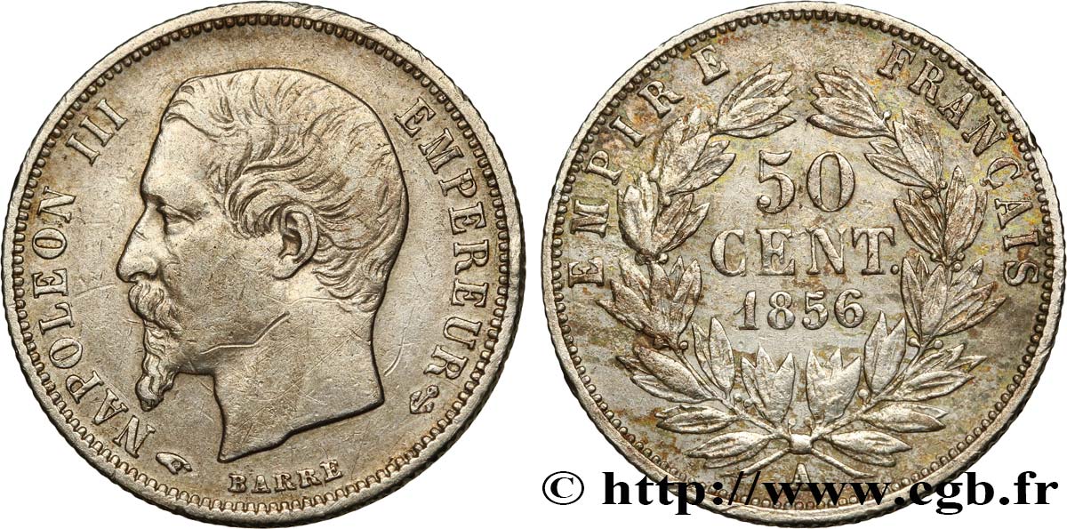 50 centimes Napoléon III, tête nue 1856 Paris F.187/4 XF45 