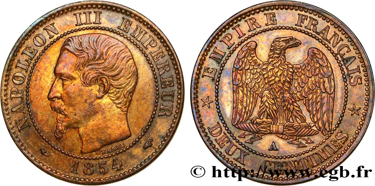 Deux centimes Napoléon III, tête nue 1854 Paris F.107/9 SPL58 