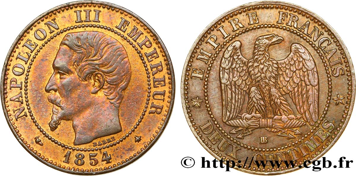 Deux centimes Napoléon III, tête nue 1854 Strasbourg F.107/11 XF48 