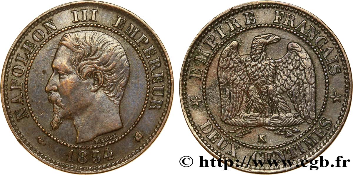 Deux centimes Napoléon III, tête nue 1854 Bordeaux F.107/16 AU50 