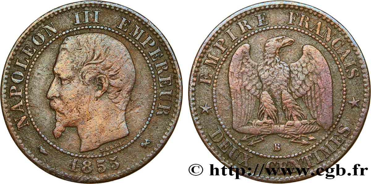 Deux centimes Napoléon III, tête nue, différent levrette 1855 Rouen F.107/21 VF25