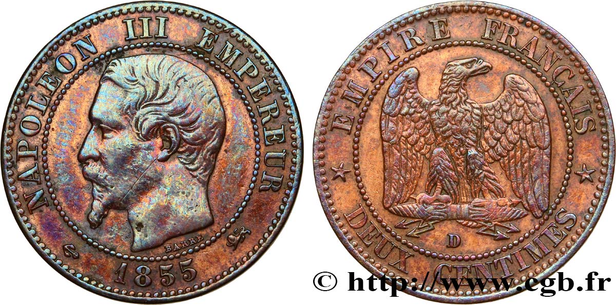 Deux centimes Napoléon III, tête nue 1855 Lyon F.107/31 TTB 