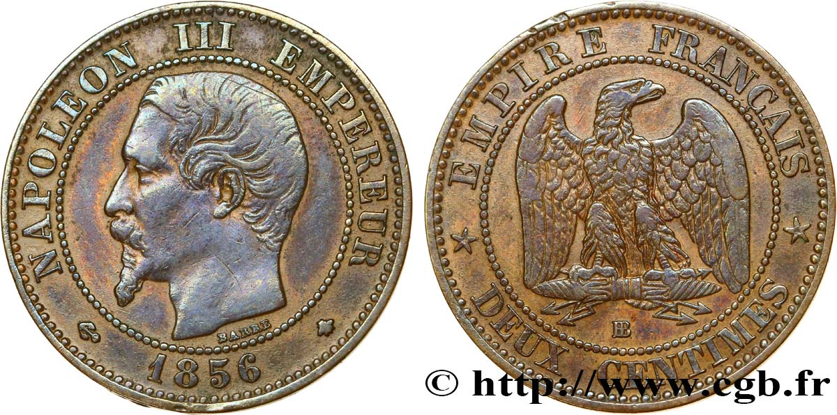 Deux centimes Napoléon III, tête nue 1856 Strasbourg F.107/40 MBC40 