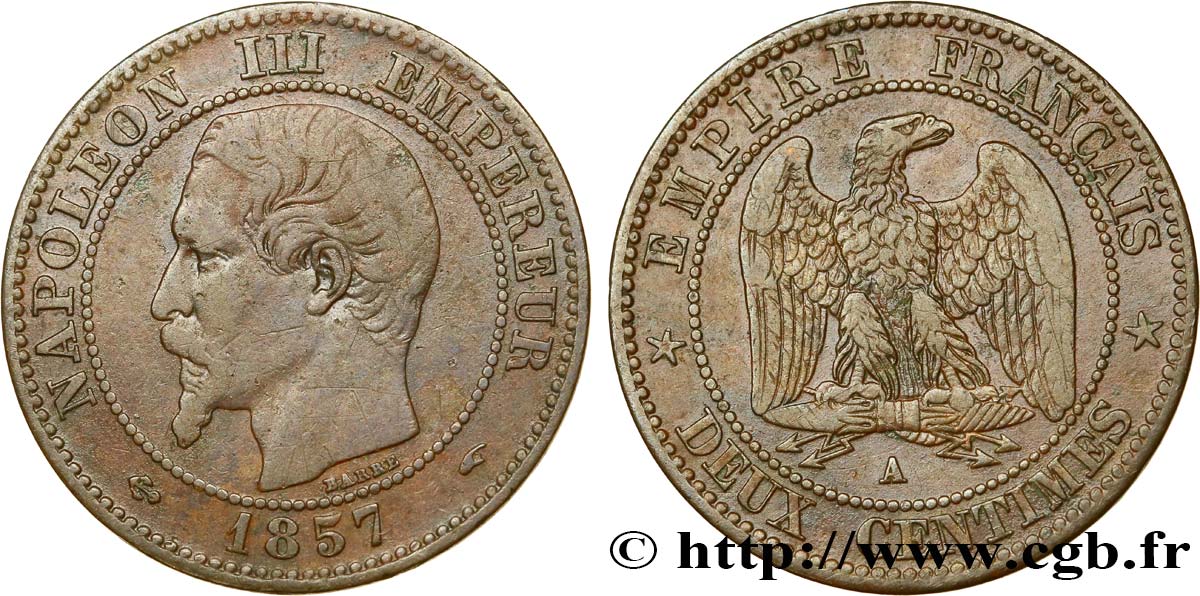 Deux centimes Napoléon III, tête nue 1857 Paris F.107/44 TB38 