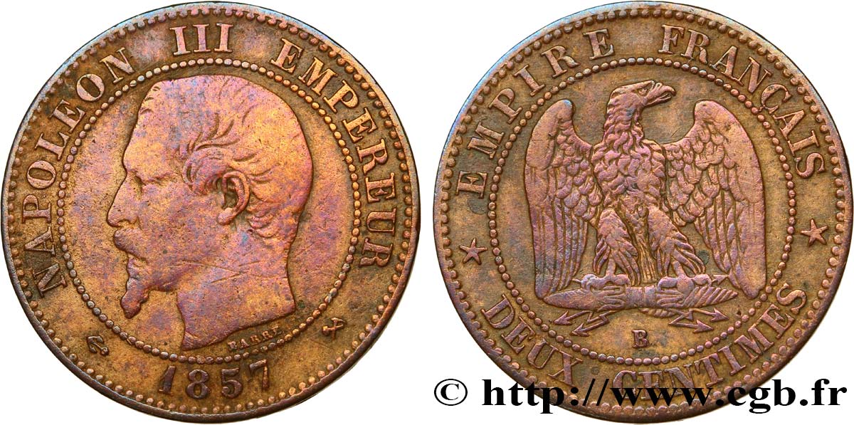 Deux centimes Napoléon III, tête nue 1857 Rouen F.107/45 S20