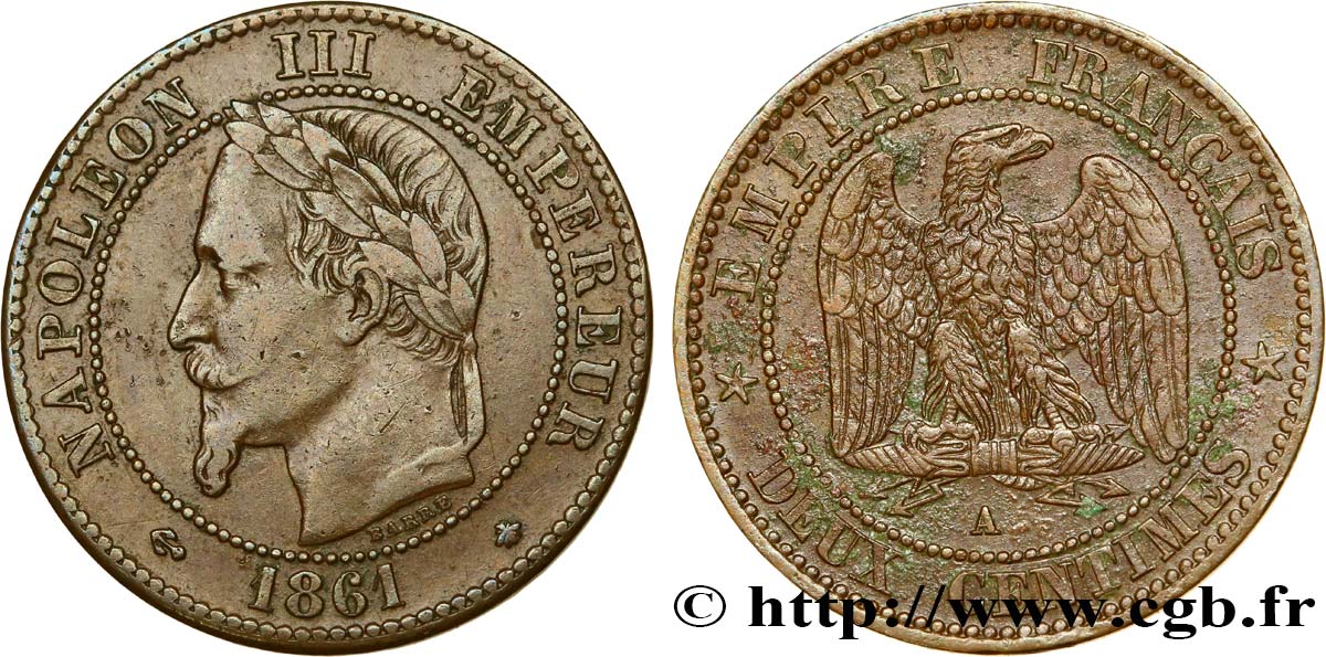 Deux centimes Napoléon III, tête laurée 1861 Paris F.108A/1 TTB40 