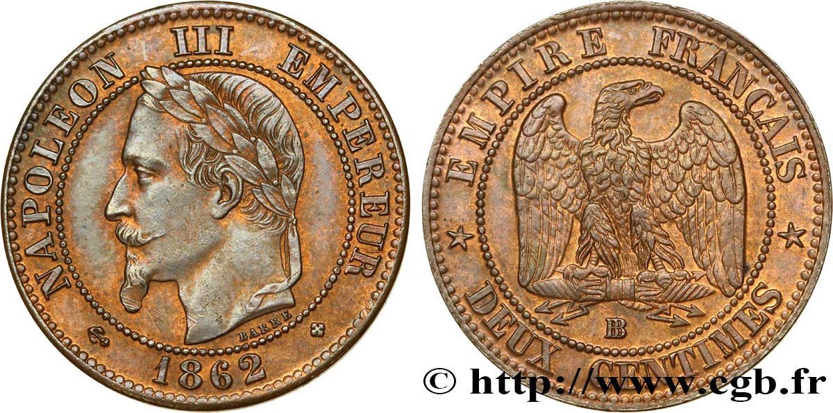 Deux centimes Napoléon III, tête laurée 1862 Strasbourg F.108A/6 TTB+ 