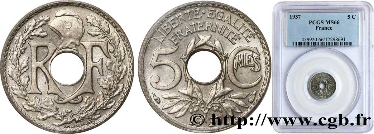 5 centimes Lindauer, petit module 1937 Paris F.122/20 FDC66 PCGS