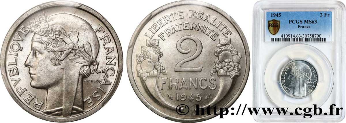 2 francs Morlon, aluminium 1945  F.269/5 MS63 PCGS