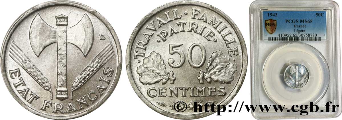 50 centimes Francisque, légère 1943 F.196/2 FDC65 PCGS