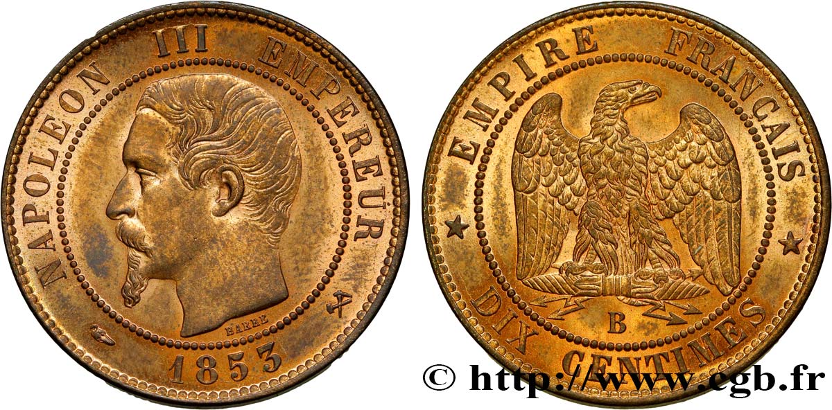 Dix centimes Napoléon III, tête nue 1853 Rouen F.133/3 SPL64 