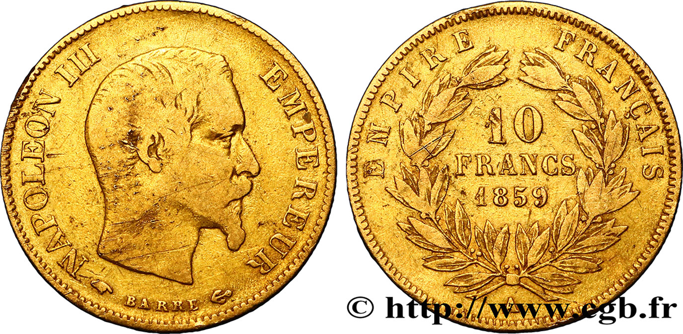 10 francs or Napoléon III, tête nue 1859 Paris F.506/7 TB20 