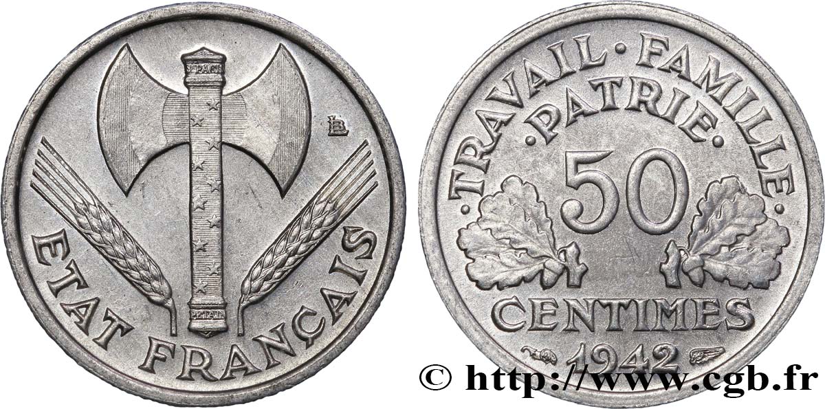 50 centimes Francisque, lourde 1942  F.195/3 SPL63 