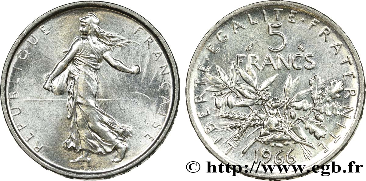 5 francs Semeuse, argent 1966 Paris F.340/10 MS63