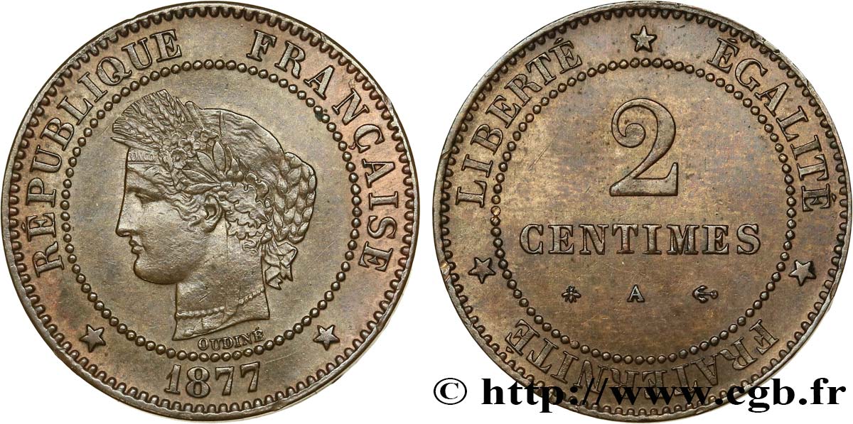 2 centimes Cérès 1877 Paris F.109/2 SPL55